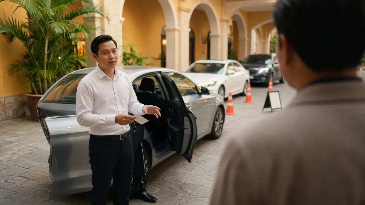 Nhân viên nhận trả xe mặc đồng phục chỉn chu trao chìa khóa và hướng dẫn khách ở lối đón, hàng xe đỗ ngăn nắp phía sau.