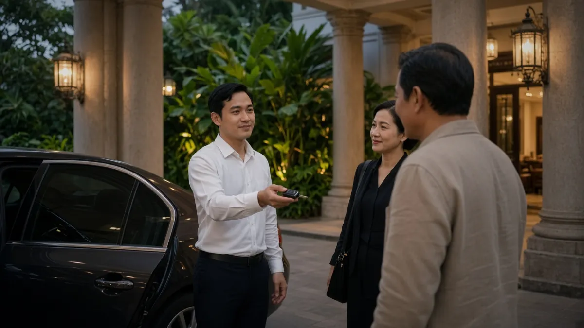 Nhân viên giữ xe lịch sự trao chìa khóa cho khách trước sảnh khách sạn cao cấp lúc chiều tối.