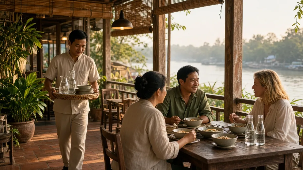 Du khách dùng bữa trên sân hiên khách sạn với đồ gốm, chai thủy tinh; nhân viên phục vụ theo hướng xanh, bền vững.