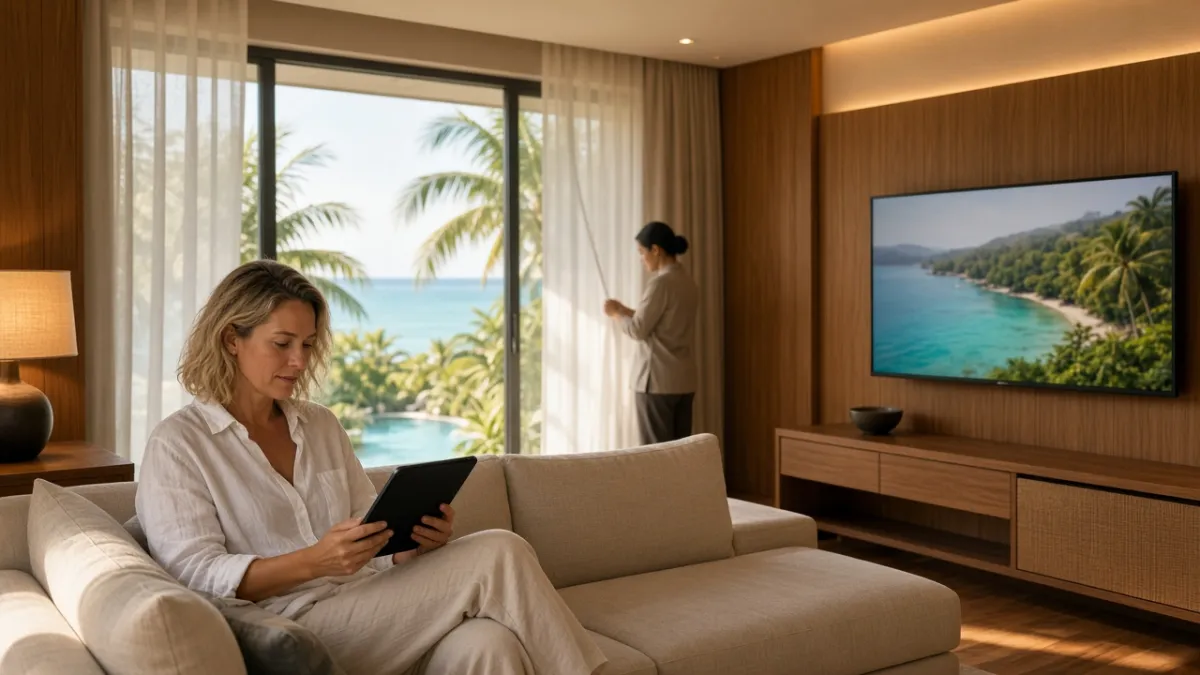 Khách sạn resort Phú Quốc: khách quốc tế hài lòng khi dùng tablet điều khiển phòng và TV hiện đại.