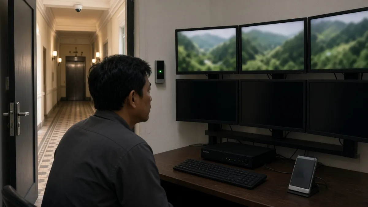 Nhân viên giám sát camera hành lang, thang máy và thiết bị kiểm soát ra vào tại phòng an ninh khách sạn.