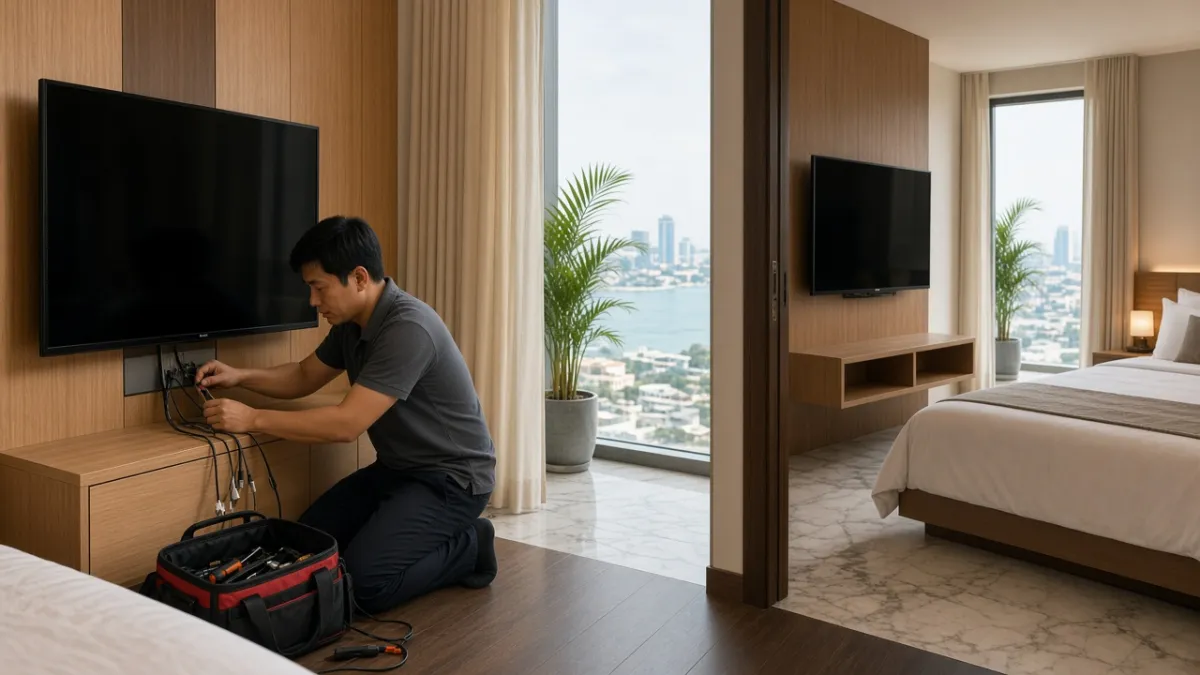 Kỹ thuật viên đấu nối cáp TV trong phòng khách sạn Đà Nẵng, hai phòng lắp TV khác nhau thể hiện triển khai đa nền tảng.