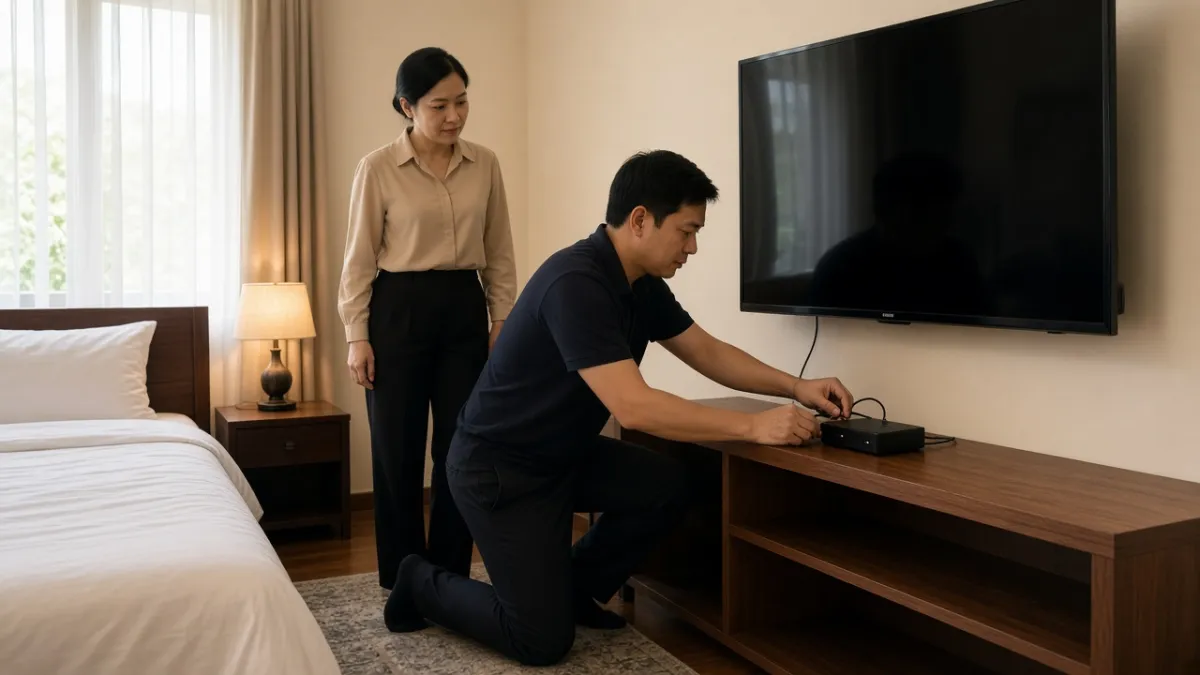 Kỹ thuật viên lắp đặt thiết bị IPTV vào TV cũ trong phòng khách sạn nhỏ tại Đà Nẵng, không cần thay TV mới.