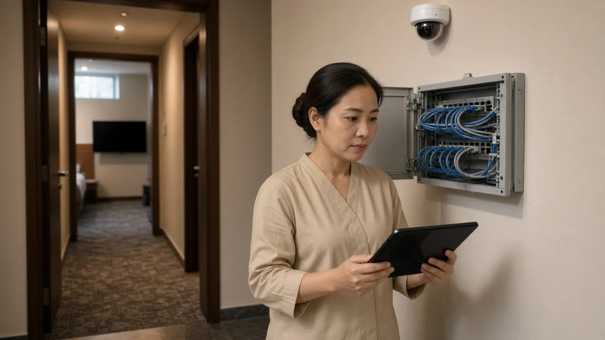 Nhân viên kỹ thuật kiểm tra tủ mạng, camera và TV phòng khách trong hành lang, thể hiện một đầu mối triển khai.