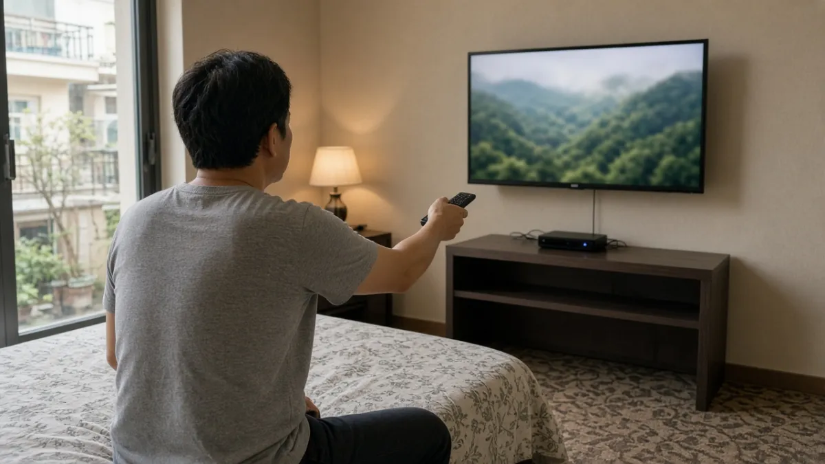 Khách dùng remote chọn xem video theo yêu cầu trên TV phòng khách sạn qua hộp thu IPTV.