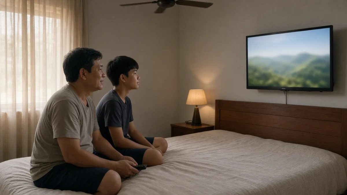 Khách lưu trú thư giãn xem video trên TV phòng nghỉ, thể hiện giá trị giải trí VOD trong IPTV khách sạn.