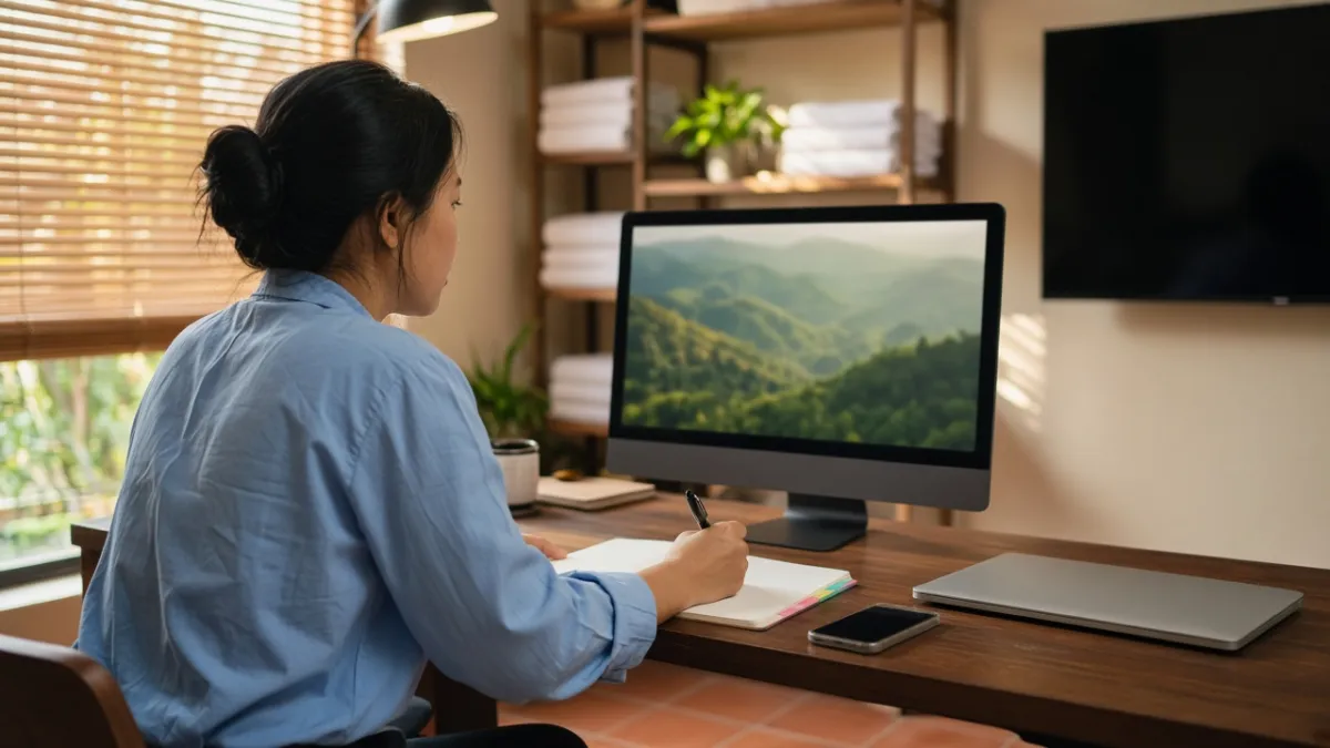Nhân viên khách sạn làm việc tại bàn với máy tính, thể hiện quản lý đặt phòng trực tiếp và đồng bộ kênh bán phòng.