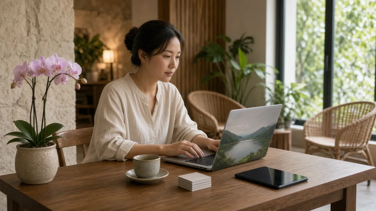 Nhân viên khách sạn boutique tự quản lý đặt phòng trực tiếp qua laptop tại quầy lễ tân, Hà Nội.