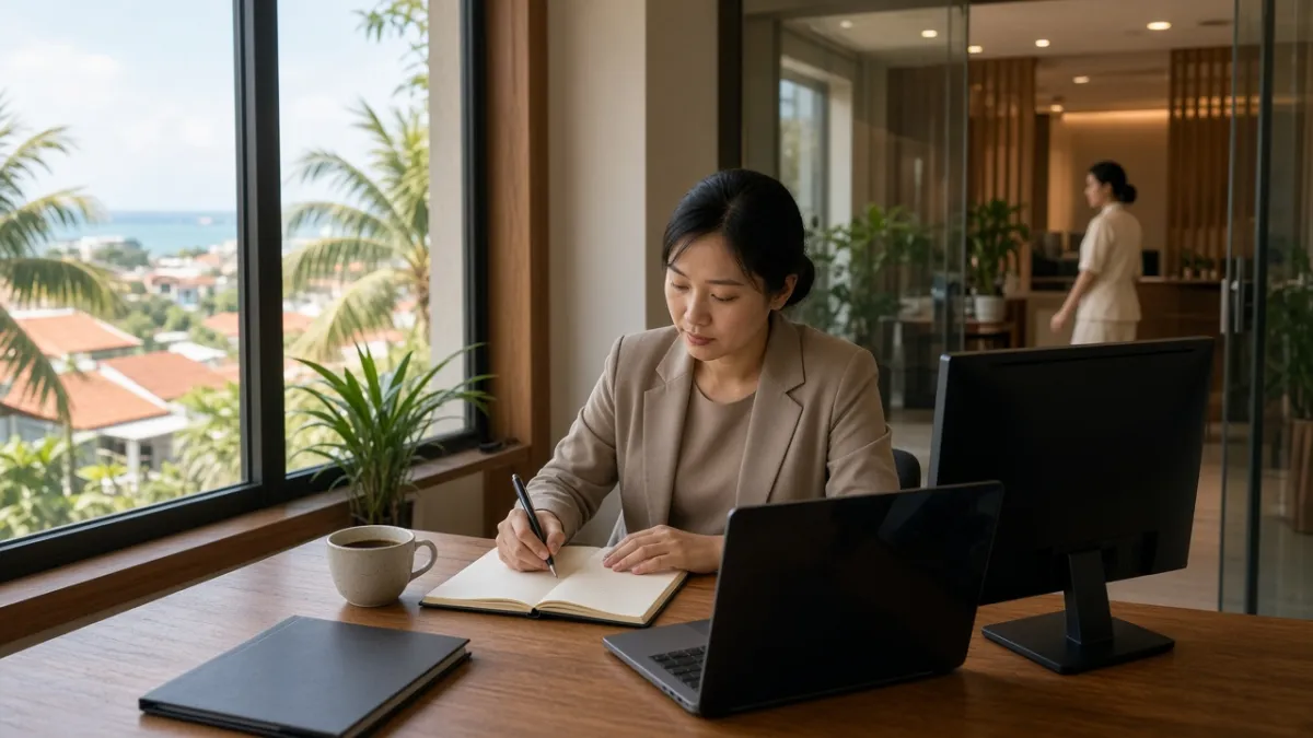 Nhân viên marketing khách sạn lên kế hoạch SEO và quảng cáo số tại văn phòng, nhìn ra biển và sảnh khách sạn.