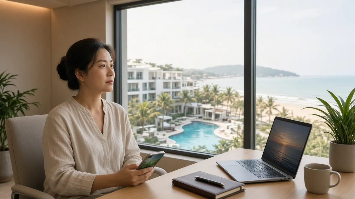 Quản lý doanh thu khách sạn ven biển cân nhắc chiến lược quảng cáo trực tiếp qua laptop và điện thoại.