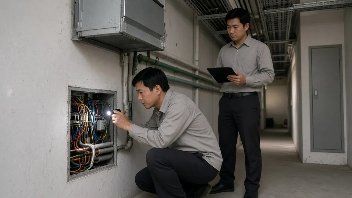 Hai kỹ thuật viên kiểm tra ống dẫn và hệ thống cáp trong hành lang kỹ thuật hậu trường khách sạn.