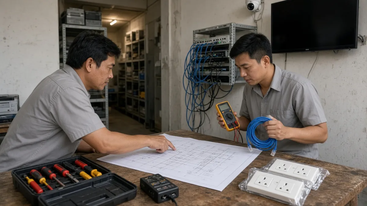 Hai kỹ thuật viên khách sạn trao đổi sơ đồ điện và kiểm tra thiết bị mạng, camera trong phòng bảo trì.