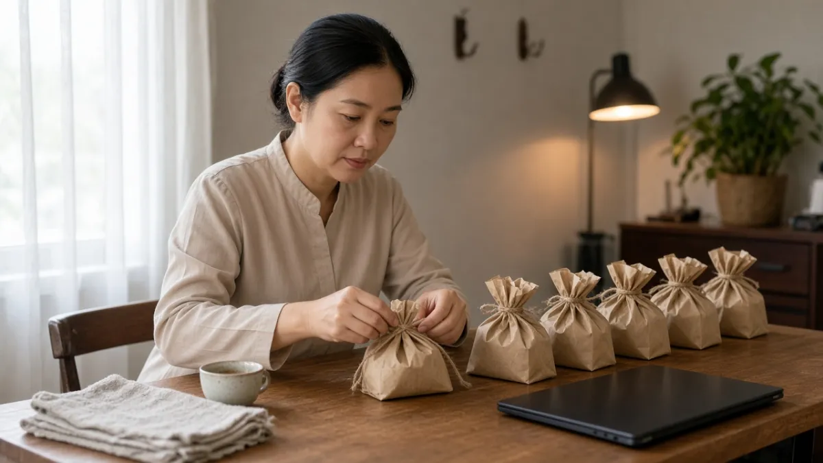 Nhân viên khách sạn chuẩn bị quà tri ân nhỏ cho khách đã lưu trú, thể hiện chăm sóc sau khi trả phòng.