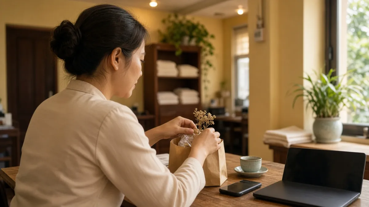 Nhân viên khách sạn chuẩn bị túi quà nhỏ cảm ơn khách sau lưu trú, bên cạnh máy tính đã tắt màn hình.