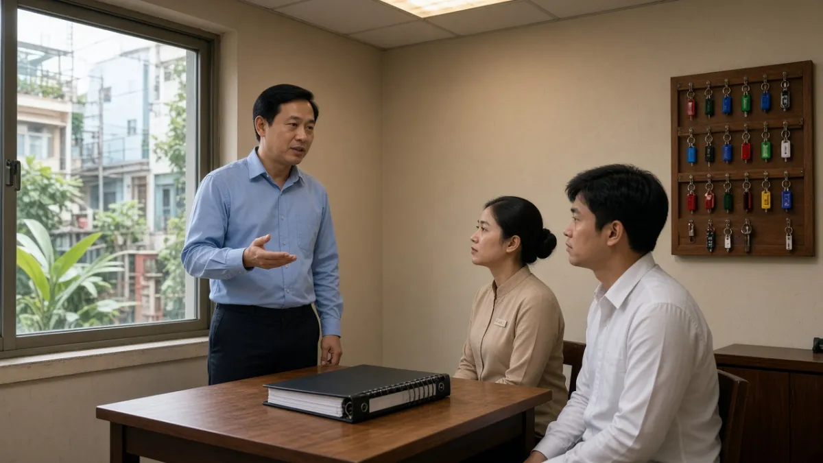 Quản lý hướng dẫn nhân viên lễ tân và buồng phòng trong buổi họp vận hành sáng tại phòng nội bộ khách sạn.