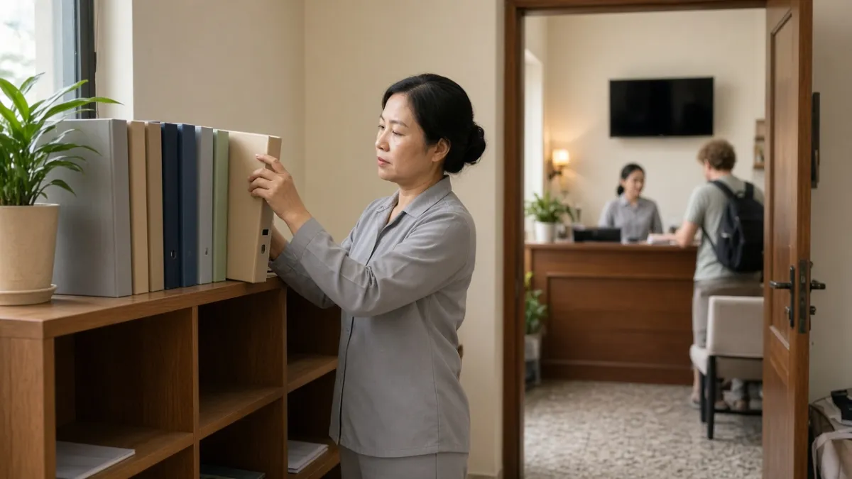 Quản lý sắp xếp hồ sơ quy trình trên kệ phòng hành chính, lễ tân phục vụ khách ổn định phía sau.