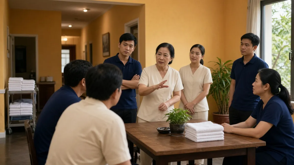 Đội ngũ khách sạn họp sáng sớm, trao đổi thống nhất cách phục vụ—hình ảnh gắn kết nội bộ ngay từ đầu.