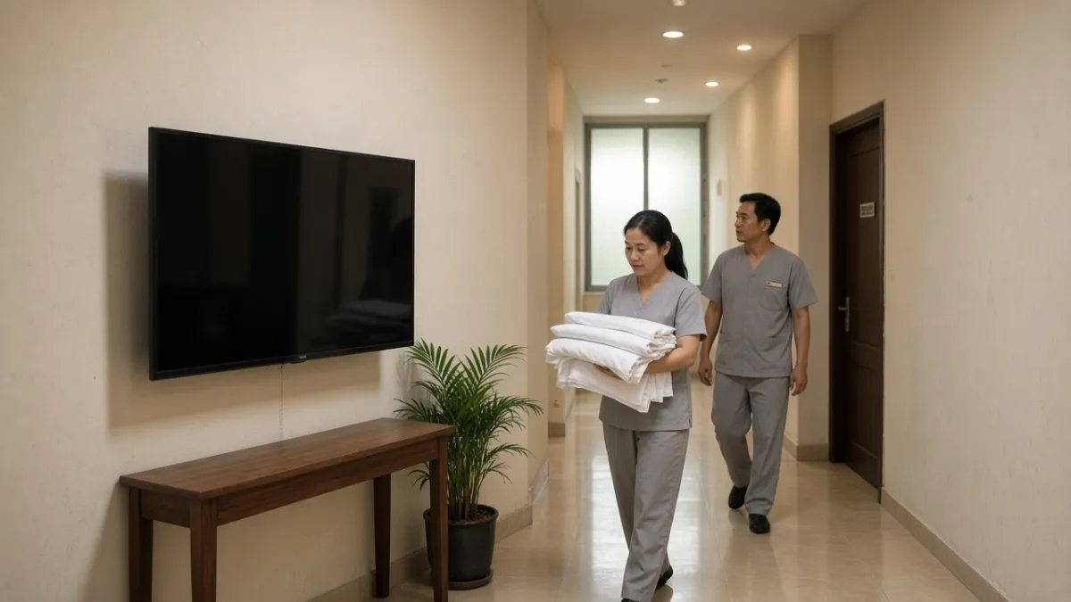 Hai nhân viên khách sạn đi qua hành lang có màn hình treo tường hỗ trợ truyền thông và văn hóa nội bộ.