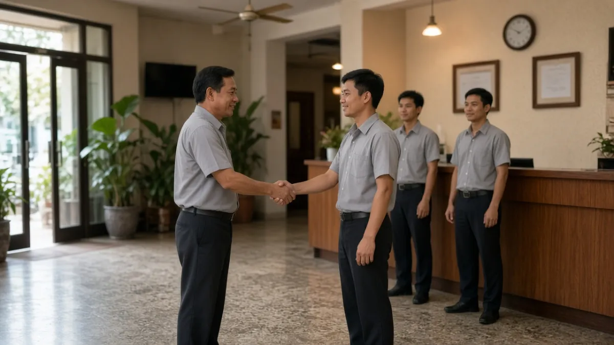 Nhân viên khách sạn chào hỏi đồng nghiệp buổi sáng tại sảnh, thể hiện văn hóa phục vụ giản dị mỗi ngày.