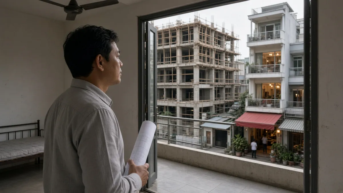 Nhà đầu tư đứng trong phòng khách sạn cũ, nhìn công trình xây mới và khách sạn đang hoạt động bên ngoài.