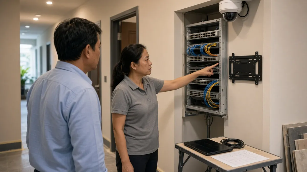 Nhà đầu tư và chuyên gia kỹ thuật khảo sát tủ mạng, camera và vị trí TV khi khách sạn đang cải tạo.
