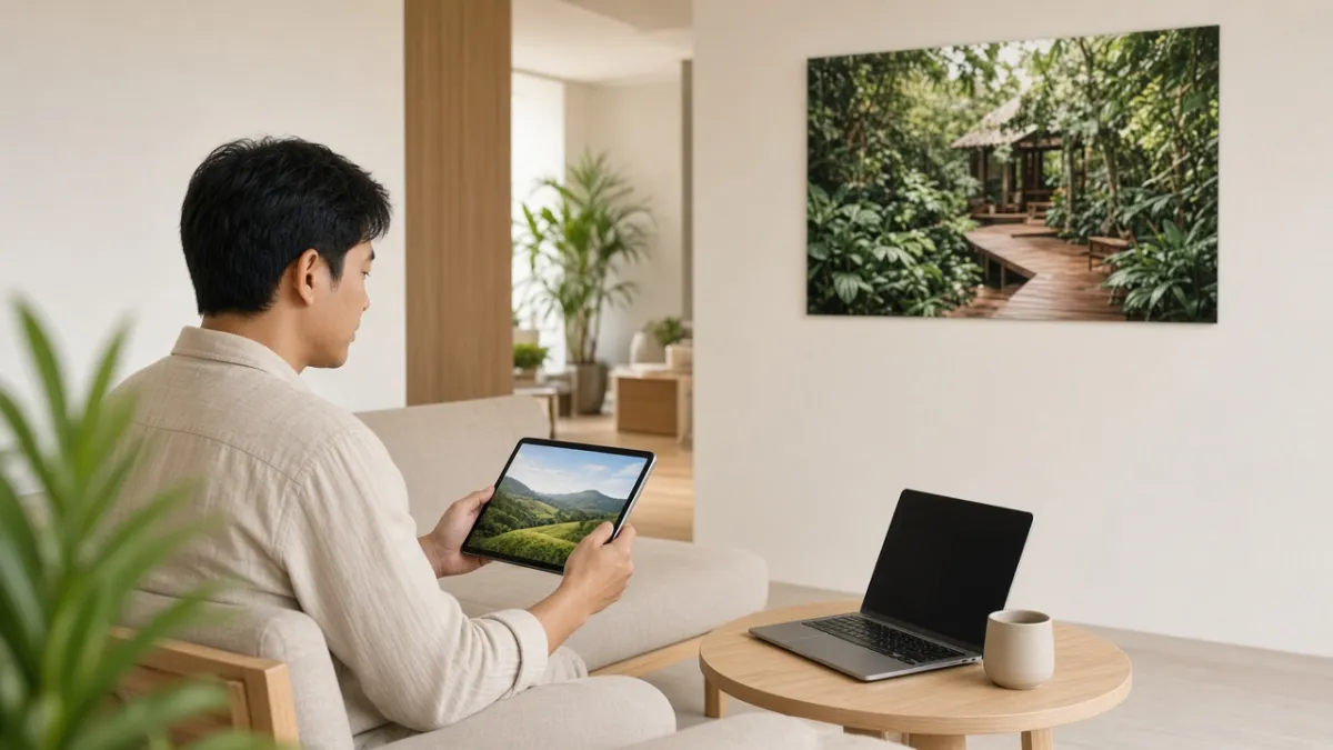 Du khách ngồi sofa trong lounge khách sạn tối giản sáng màu, cầm máy tính bảng cạnh laptop tắt màn hình.