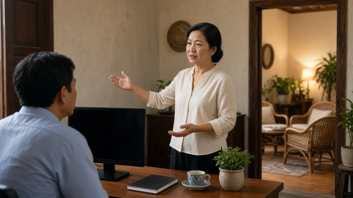 Quản lý và chuyên gia trao đổi giải pháp website khách sạn tại bàn làm việc, màn hình máy tính đang tắt.