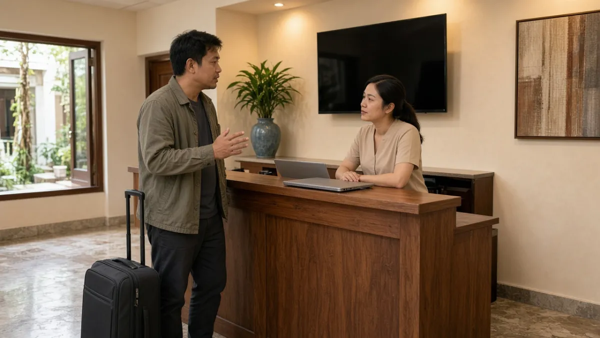 Lễ tân khách sạn lắng nghe khách trình bày vấn đề tại quầy tiếp tân, thể hiện xử lý khiếu nại chuyên nghiệp.