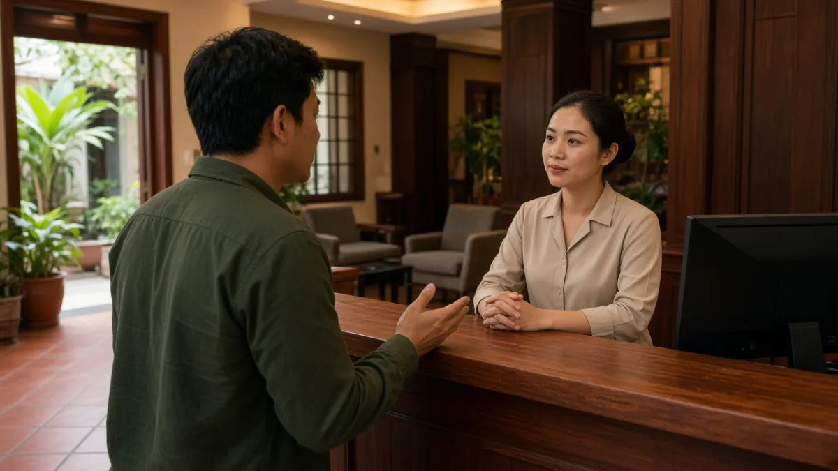 Nhân viên lễ tân lắng nghe khách trình bày khiếu nại tại quầy tiếp tân, thể hiện bước lắng nghe và hiểu vấn đề.
