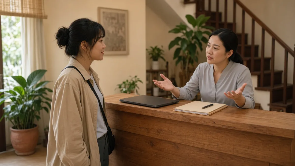 Nhân viên lễ tân trao đổi minh bạch với khách tại quầy, chuẩn bị lưu hồ sơ theo dõi khiếu nại.