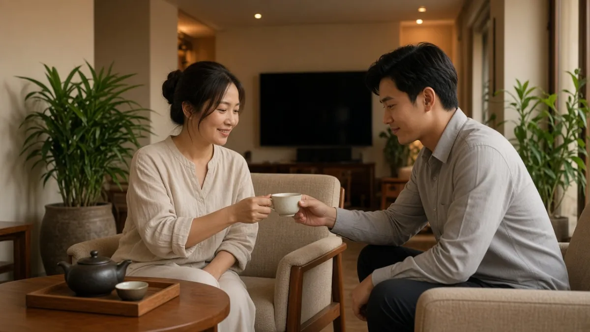 Nhân viên khách sạn mời trà khách sau khi lắng nghe và giải quyết khiếu nại, thể hiện sự hài lòng và tin cậy.