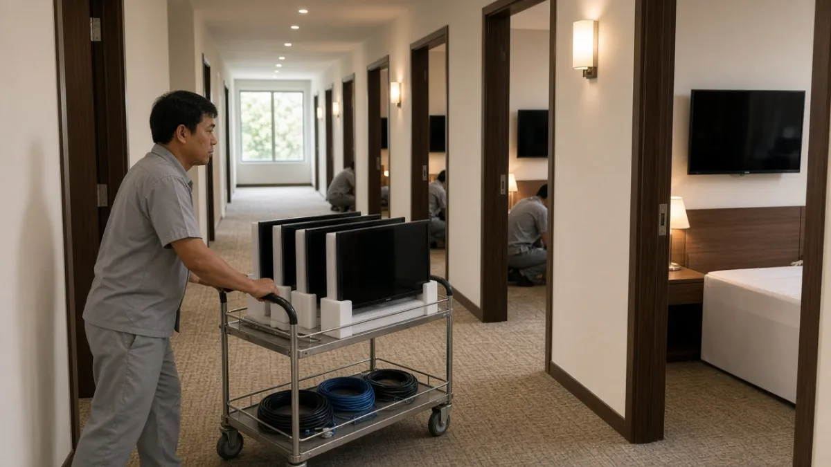 Hành lang khách sạn với nhiều phòng mở cửa, kỹ thuật viên vận chuyển TV và cáp để lắp đặt hệ thống Hotel TV.