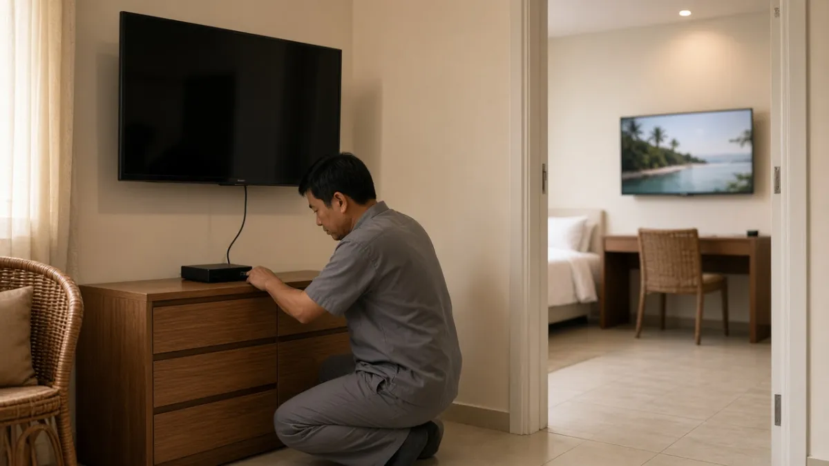 Kỹ thuật viên khách sạn lắp TV dân dụng với hộp set-top gắn ngoài, phòng kế bên có TV thương mại tích hợp.