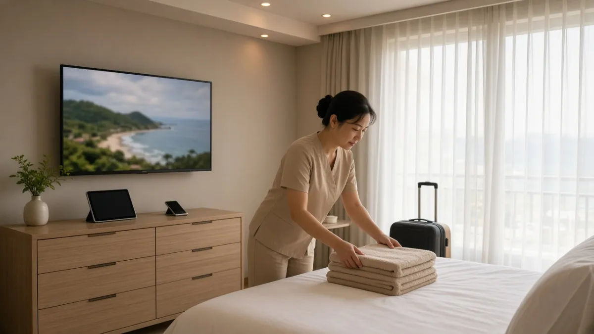 Nhân viên khách sạn Đà Nẵng chuẩn bị phòng với TV, máy tính bảng và điện thoại — thiết bị cần tích hợp PMS, VOD.