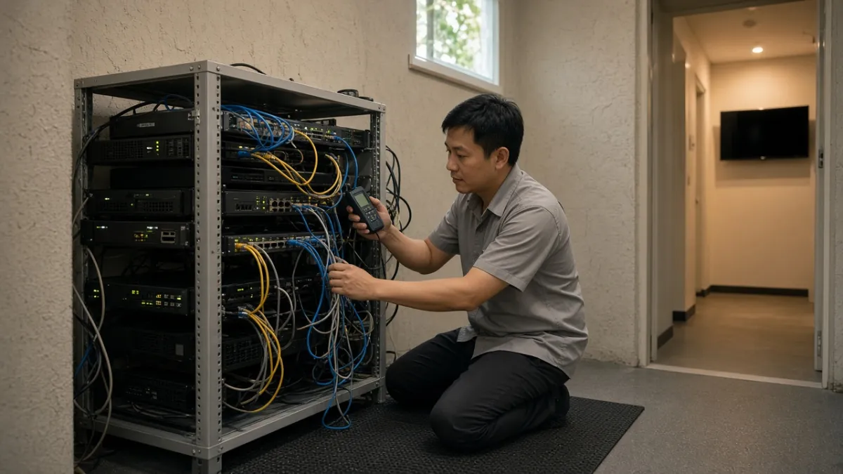 Kỹ thuật viên khách sạn bảo trì định kỳ hệ thống IPTV trong phòng thiết bị, thể hiện chi phí vận hành dài hạn.