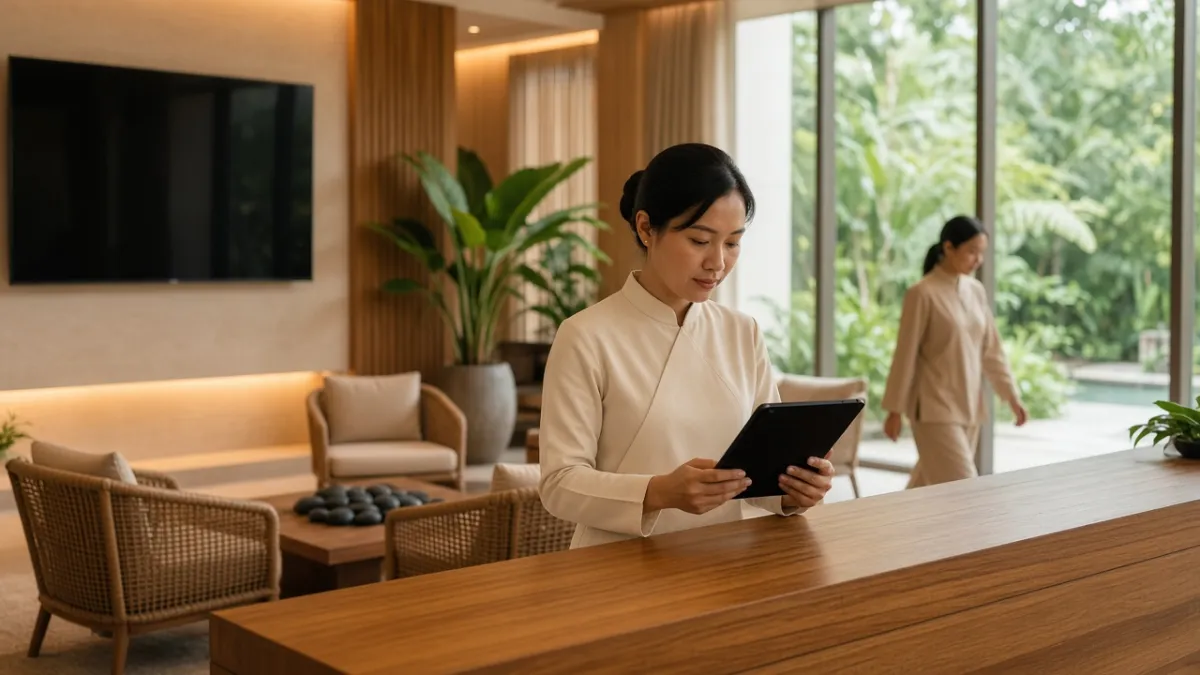 Lễ tân spa resort cao cấp Việt Nam điều phối vận hành dịch vụ wellness bên quầy tiếp khách hiện đại.