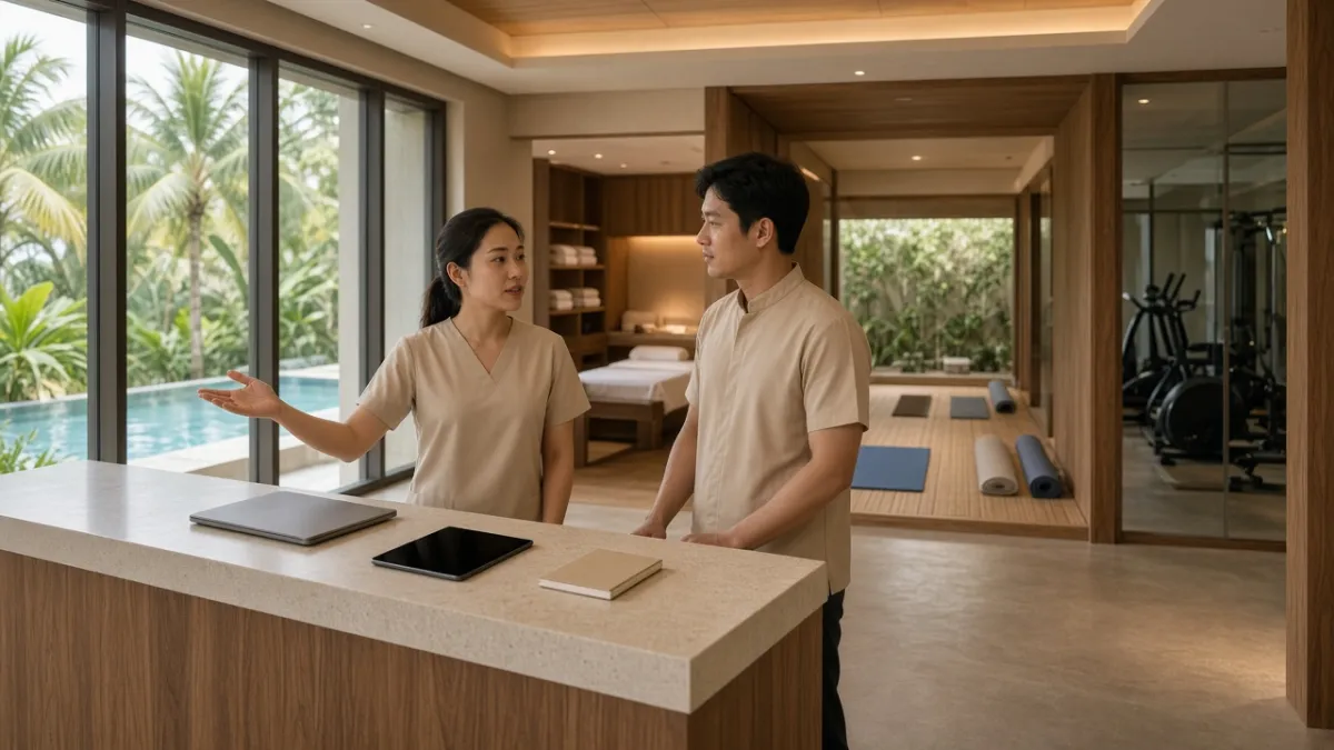 Nhân viên tại quầy lễ tân spa resort Đà Nẵng, hành lang nối spa, yoga và gym — minh họa triển khai SaaS wellness.