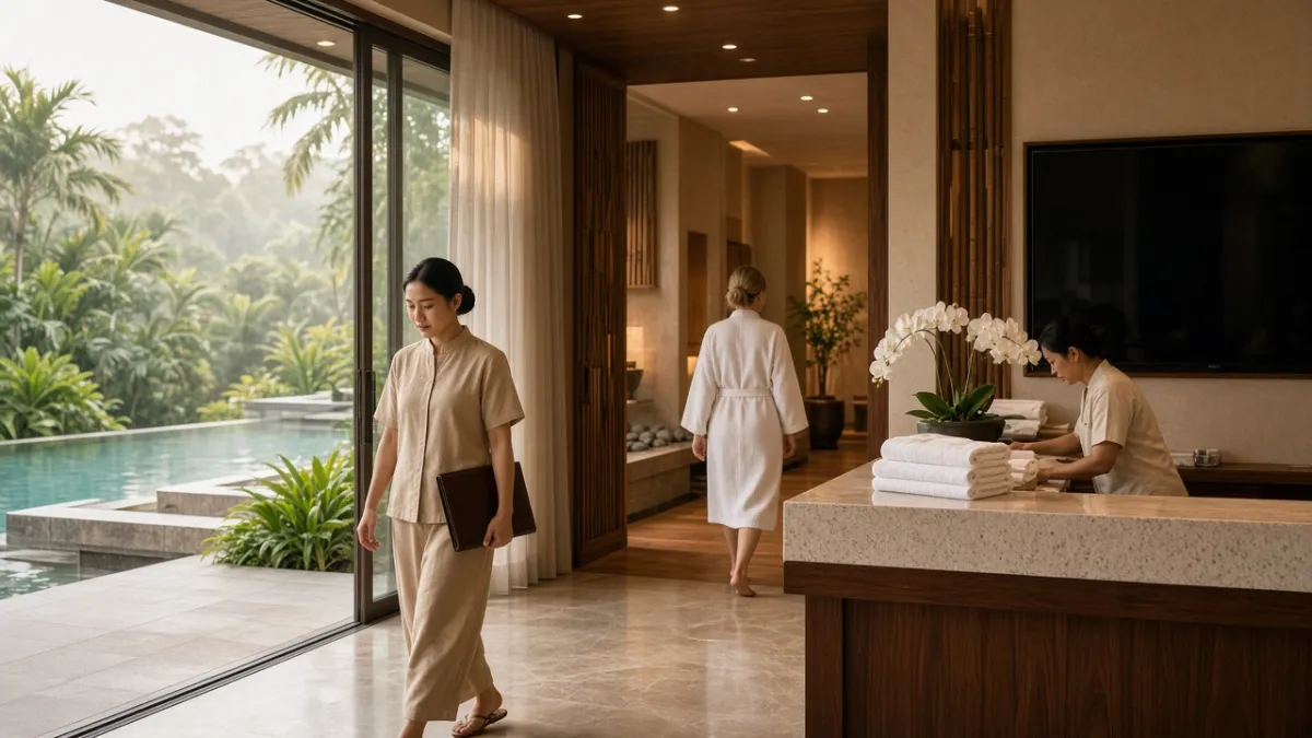 Buổi sáng tại quầy lễ tân spa resort Phú Quốc, nhân viên chuẩn bị dịch vụ wellness chuyên nghiệp cho khách.