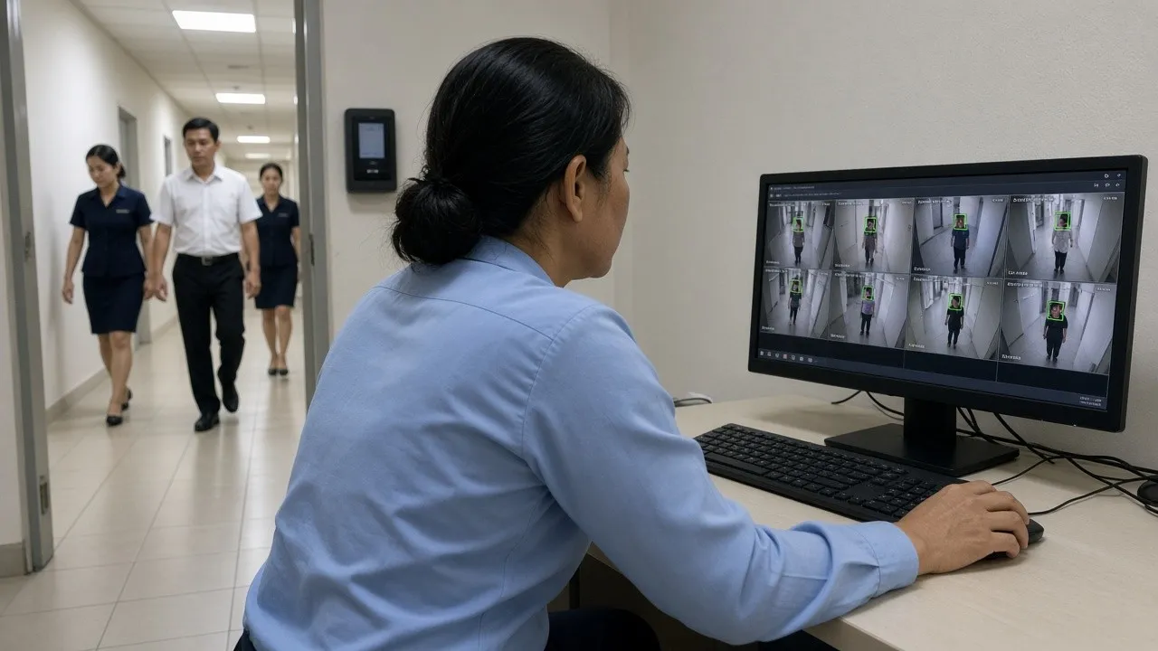 Quản lý khách sạn theo dõi camera chấm công nhân viên qua phòng giám sát, hành lang khu vực nhân sự phía sau.