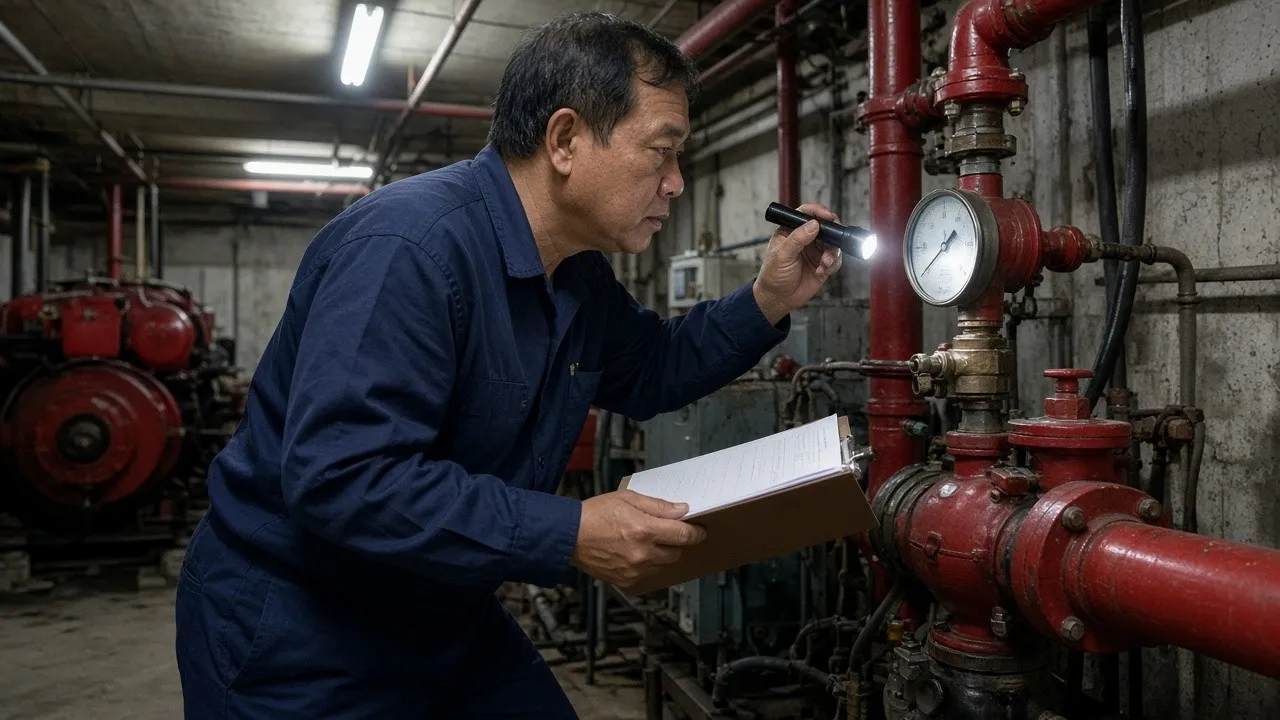 Kỹ sư trưởng khách sạn kiểm tra phòng máy bơm khẩn cấp, bên cạnh xe dụng vụ có đèn ngủ phục vụ phòng khách.
