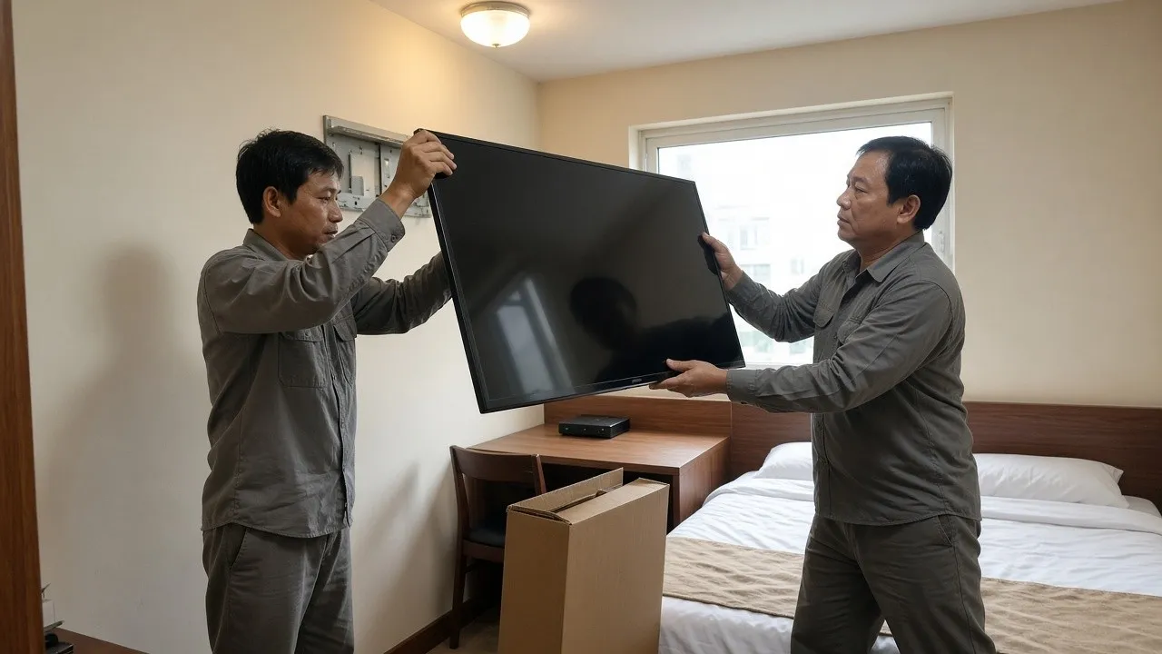 Kỹ thuật viên lắp TV tại phòng khách sạn Việt Nam, quản lý theo dõi trong quá trình triển khai IPTV chuỗi.