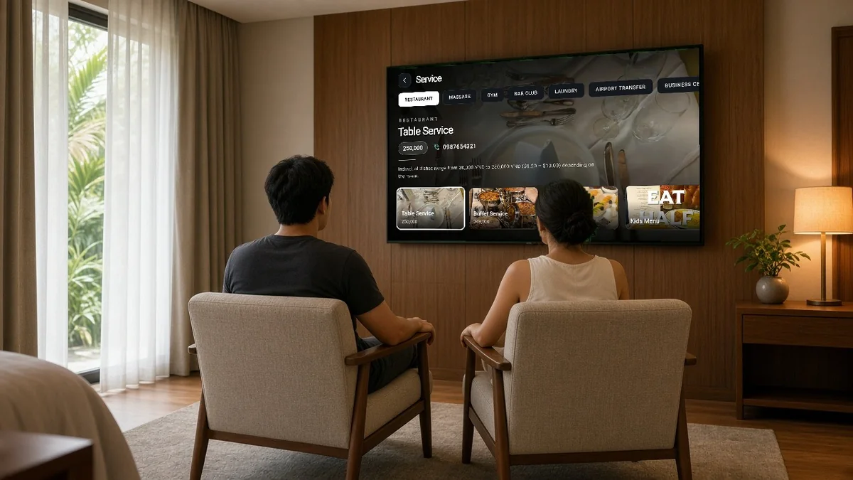 Trong phòng khách đang thao tác chọn dịch vụ trên hotel TV, không khí ấm áp,