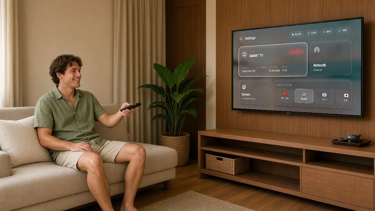 Hotel TV hiển thị nhiều ngôn ngữ (Anh, Việt, Nhật, Hàn), menu rõ ràng, icon lựa chọn ngôn ngữ nổi bật