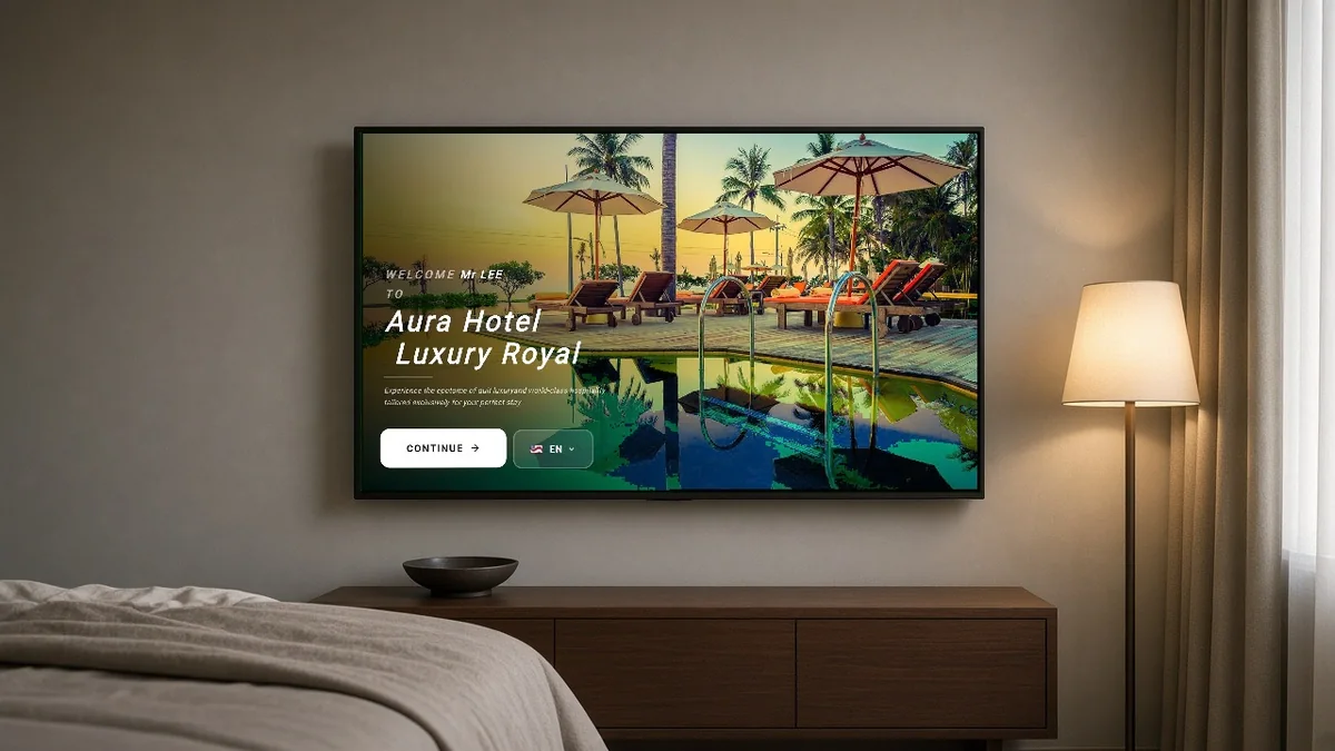Hotel TV hiện đại hiển thị lời chào cá nhân hóa, trạng thái phòng, các icon điều khiển đèn, điều hòa, rèm, cùng nút đặt dịch vụ.