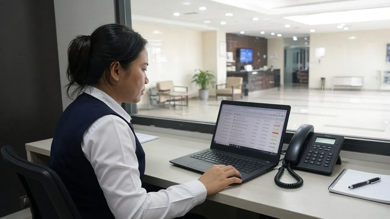 Nhân viên khách sạn tại phòng vận hành an ninh, nhìn qua kính về sảnh — bảo vệ uy tín và vận hành ổn định.