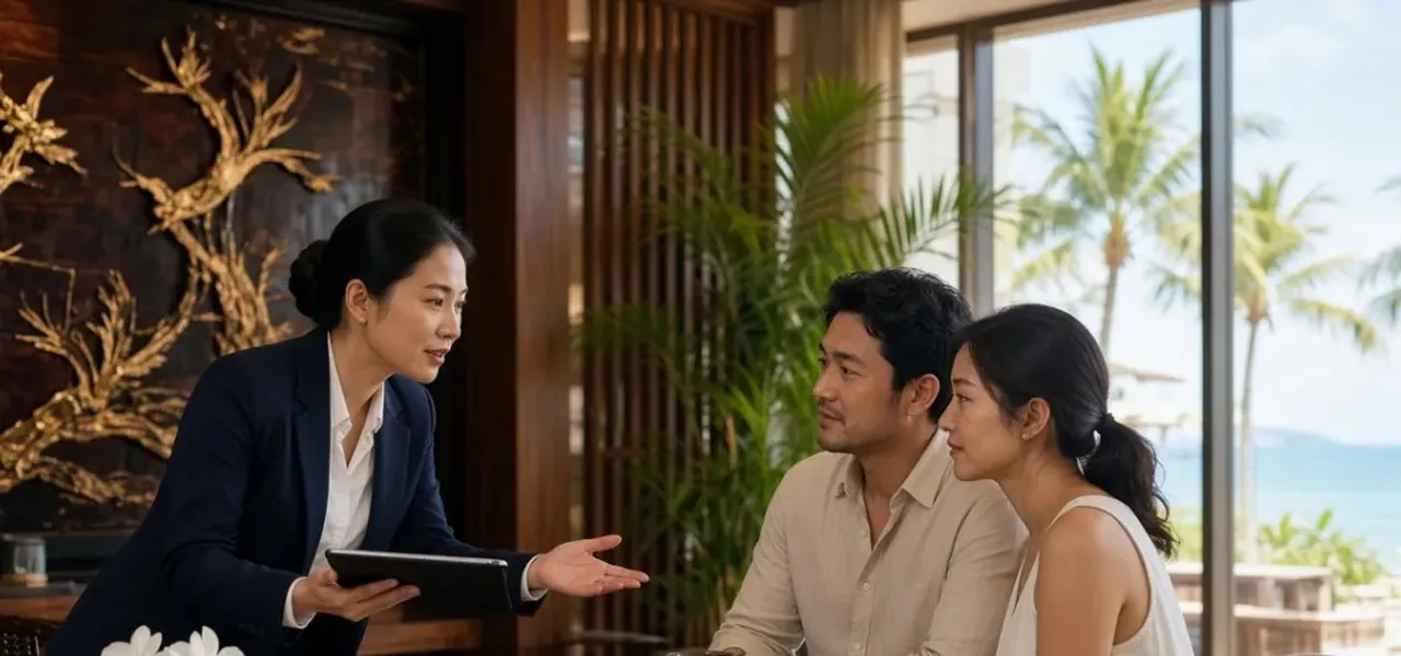 Nhân viên concierge tư vấn cặp khách tại sảnh khách sạn cao cấp Đà Nẵng, cầu nối giữa dịch vụ và trải nghiệm.