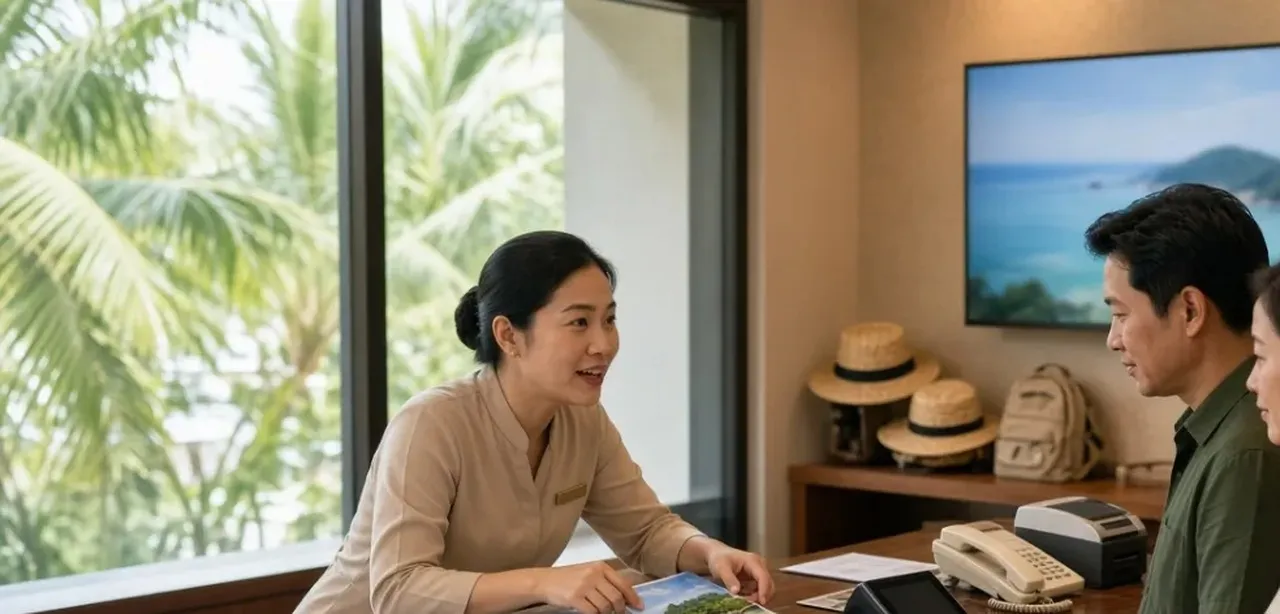 Nhân viên khách sạn tư vấn tour và dịch vụ đi kèm cho khách tại quầy lễ tân, kết hợp máy POS và tablet.