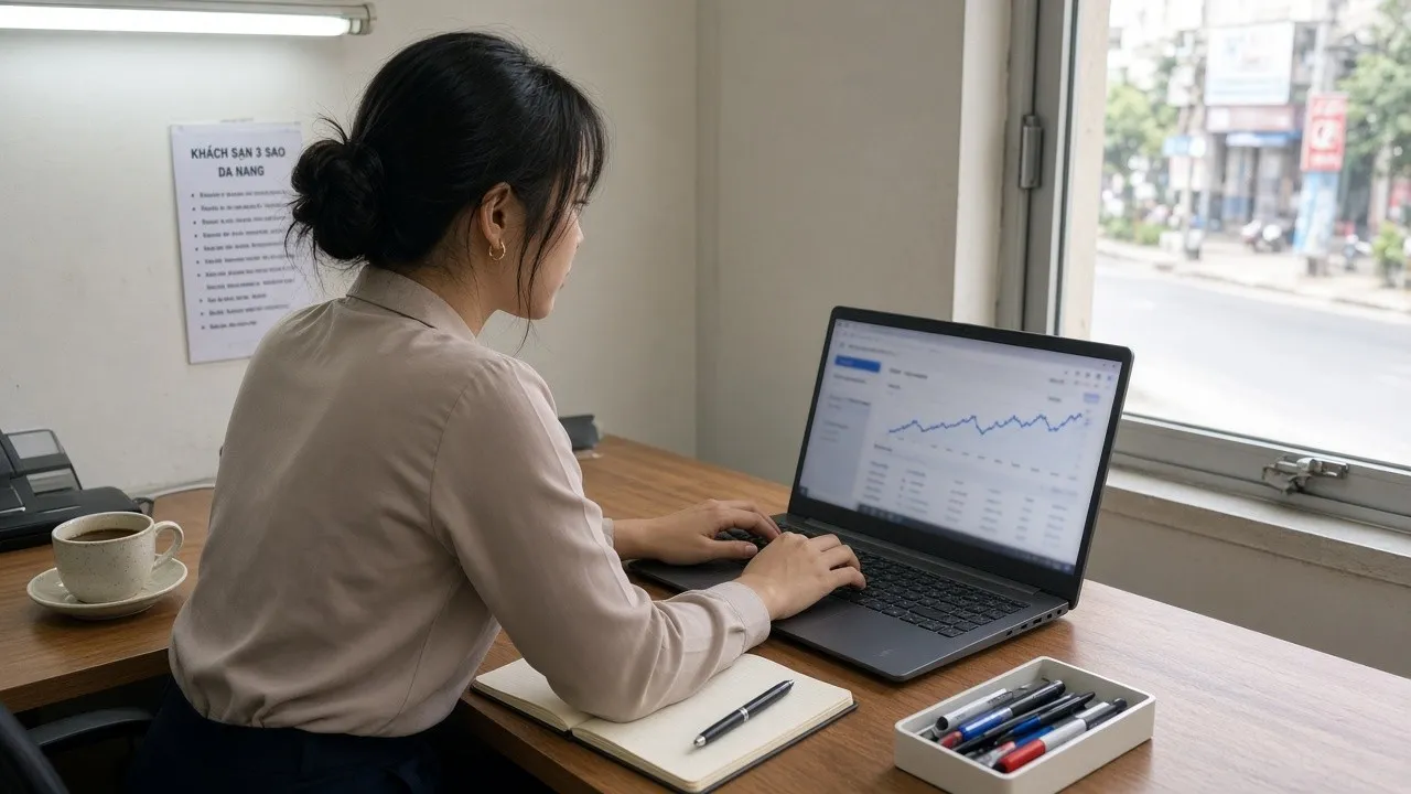 Chuyên viên marketing khách sạn tại Đà Nẵng làm việc với laptop để theo dõi và tối ưu SEO website.