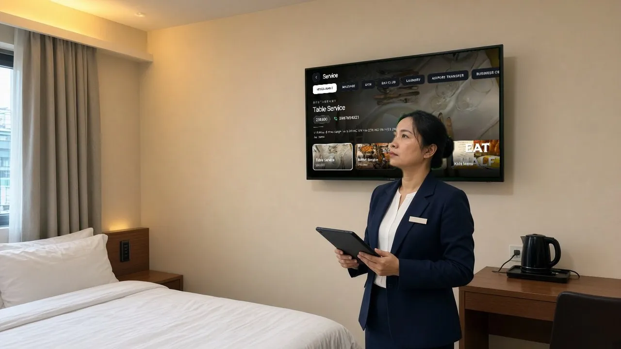 Quản lý khách sạn kiểm tra hệ thống TV trong phòng nghỉ với máy tính bảng, sẵn sàng tùy chỉnh nội dung truyền hình.