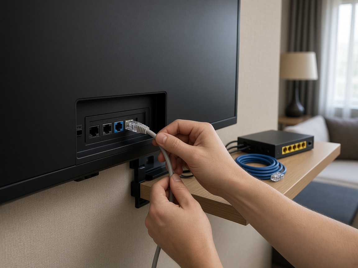 Kỹ thuật viên đấu nối cáp mạng cho Samsung Hotel TV trong phòng khách sạn